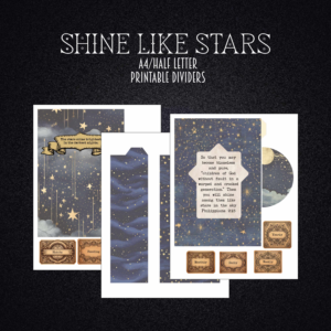 Printable Christian planner dividers with blue and gold star design, scripture inspired by Philippians 2:15, A5 and half page PDF