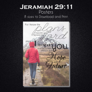 Hang a quiet reminder that God is in control. Jeremiah 29:11 scripture poster, printable JPG and PDF in frame-ready sizes for your home or office.